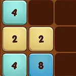 갈색 배경의 격자 안에 파란색과 베이지색 타일에 숫자 2, 4, 8이 적혀 있다