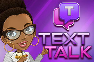안경을 쓴 만화 캐릭터가 엄지손가락을 들고 있고, 텍스트 말풍선과 TEXT TALK라는 문구가 있는 보라색 배경