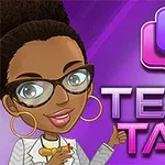 안경을 쓴 만화 캐릭터가 엄지손가락을 들고 있고, 텍스트 말풍선과 TEXT TALK라는 문구가 있는 보라색 배경