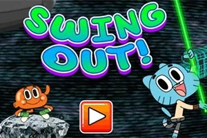 두 캐릭터가 우주 배경에서 그네를 타고 있으며, SWING OUT!