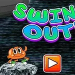 두 캐릭터가 우주 배경에서 그네를 타고 있으며, SWING OUT!