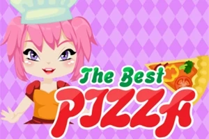 분홍색 머리의 만화 캐릭터가 셰프 모자를 쓰고 있으며, The Best Pizza라는 글자와 피자 조각이 있다