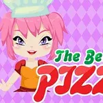 분홍색 머리의 만화 캐릭터가 셰프 모자를 쓰고 있으며, The Best Pizza라는 글자와 피자 조각이 있다