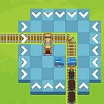 파란색 바탕에 화살표가 있는 기차 선로와 자동차가 배치된 이미지