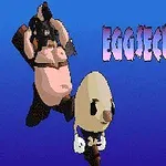 계란 모양 캐릭터와 근육질의 가면 쓴 캐릭터가 파란 배경 위에 있으며, EGGSECUTIONER라는 텍스트가 쓰여 있습니다