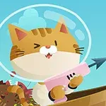 우주 헬멧을 쓴 고양이가 배 위에서 하프건을 들고 있는 모습