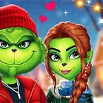 초록색 피부의 두 캐릭터가 겨울 배경 앞에 서 있으며, 서로 사랑스러운 표정을 짓고 있다