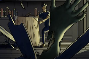 거대한 초록색 손이 길게 뻗어 있으며, 남성은 놀란 표정으로 탁자 뒤에 서 있는 이미지