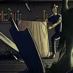 거대한 초록색 손이 길게 뻗어 있으며, 남성은 놀란 표정으로 탁자 뒤에 서 있는 이미지