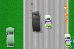 고속도로에서 검은색 차량이 두 대의 경찰차 사이를 달리고 있고, 측면에 잔디와 다양한 아이콘이 있는 모습