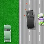 고속도로에서 검은색 차량이 두 대의 경찰차 사이를 달리고 있고, 측면에 잔디와 다양한 아이콘이 있는 모습