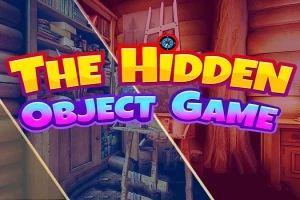 밝은 색상의 문자로 THE HIDDEN OBJECT GAME라고 쓰여진 텍스트와 나무 인테리어 배경이 있는 이미지