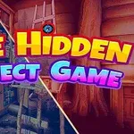 밝은 색상의 문자로 THE HIDDEN OBJECT GAME라고 쓰여진 텍스트와 나무 인테리어 배경이 있는 이미지