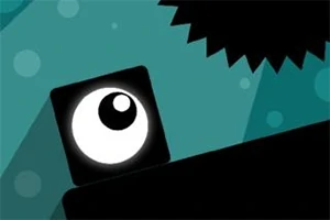 큰 눈을 가진 검은 사각형 캐릭터와 톱니를 연상시키는 어두운 배경 요소