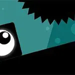 큰 눈을 가진 검은 사각형 캐릭터와 톱니를 연상시키는 어두운 배경 요소