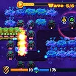 보라색 배경 위에 여러 개의 적들이 경로를 따라 이동하며, 불타는 효과와 함께 방어가 진행되고 있는 모습