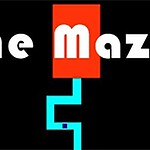 검은 배경에 The Maze라는 흰색 글자가 빨간색 사각형 위에 있고, 파란색 미로가 아래로 이어져 있다