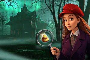 빨간 모자를 쓴 소녀가 돋보기를 들고 어두운 저택 앞에 서 있는 모습