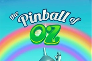 무지개 배경 위에 the Pinball of OZ라는 텍스트와 한쪽 손을 든 로봇이 있는 이미지