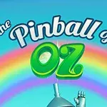 무지개 배경 위에 the Pinball of OZ라는 텍스트와 한쪽 손을 든 로봇이 있는 이미지