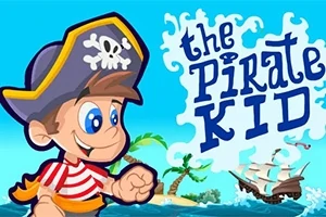 해적 모자를 쓴 소년이 바다와 섬을 배경으로 활기차게 걷고 있으며, 오른쪽에는 the Pirate Kid라는 글자가 보인다