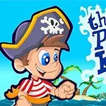 해적 모자를 쓴 소년이 바다와 섬을 배경으로 활기차게 걷고 있으며, 오른쪽에는 the Pirate Kid라는 글자가 보인다