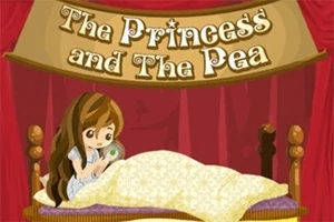 침대에 누워 완두콩을 들고 있는 긴 머리의 소녀와 빨간 커튼, The Princess and The Pea 글씨가 있는 장면