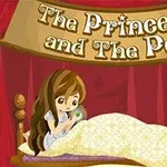 침대에 누워 완두콩을 들고 있는 긴 머리의 소녀와 빨간 커튼, The Princess and The Pea 글씨가 있는 장면