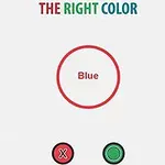 하얀 배경 위에 THE RIGHT COLOR라는 문구와, Blue라는 글자가 빨간색 원 안에 있으며, 아래에 붉은 X 표와 녹색 동그라미 버튼이 있습니다