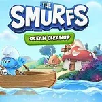 파란 요정이 나무 배에서 낚시를 하고 있고, 뒤에는 버섯 모양의 집들이 있는 풍경