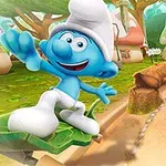 파란색 작은 캐릭터가 녹색 스케이트보드를 타고 마을 길을 달리는 모습