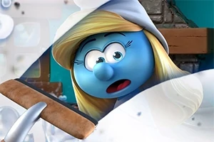 창문을 닦고 있는 파란색 피부의 금발 캐릭터