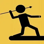 노란색 배경에 창을 던지는 검은색 실루엣의 인물