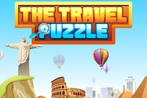하늘에 떠 있는 열기구와 도시 배경을 가진 THE TRAVEL PUZZLE 로고