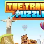 하늘에 떠 있는 열기구와 도시 배경을 가진 THE TRAVEL PUZZLE 로고