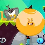 큰 대머리를 가진 귀여운 캐릭터가 만화 스타일의 배경 속에 서 있는 모습