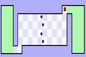 하늘색 바탕에 검은 선으로 그려진 미로와 체크무늬 경로, 빨간색 사각형과 파란 점들이 있는 이미지