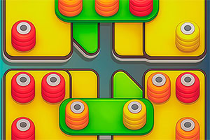 노란색과 녹색 배경 위에 빨강, 주황색의 원통형 물체가 배열된 이미지