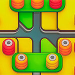 노란색과 녹색 배경 위에 빨강, 주황색의 원통형 물체가 배열된 이미지