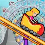 금발 머리의 만화 캐릭터가 빨간색 놀이기구를 타고 있는 모습, 뒤에는 관람차가 보입니다