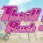 분홍색 글씨로 Thrill Rush 5가 쓰여진 놀이공원 배경의 이미지