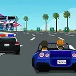 도로 위를 주행하는 파란색 스포츠카와 경찰차, 배경의 야자수