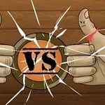 두 개의 엄지손가락이 서로 마주보고 있으며, 가운데에 VS 글자가 있는 이미지