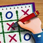 공책에 그려진 3x3 격자 위에 X와 O가 번갈아 그려져 있고, 손이 연필로 X를 그리고 있는 모습