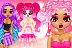 세 명의 만화 스타일 여성들이 화려한 색상의 헤어 스타일과 의상을 입고 있는 모습