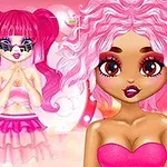 세 명의 만화 스타일 여성들이 화려한 색상의 헤어 스타일과 의상을 입고 있는 모습