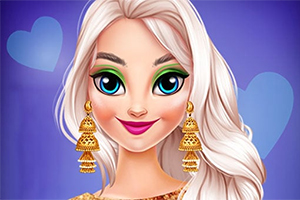 금발의 긴 머리를 가진 캐릭터가 금색 귀걸이를 하고 있고, 파란색 보라색 배경에 하트 모양이 있다