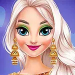 금발의 긴 머리를 가진 캐릭터가 금색 귀걸이를 하고 있고, 파란색 보라색 배경에 하트 모양이 있다