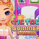 금발 소녀가 여름 패션을 잘 표현한 화려한 배경 앞에 서 있는 이미지