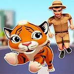 귀여운 호랑이와 탐험가 차림의 남자가 도시 거리에서 함께 달리는 모습